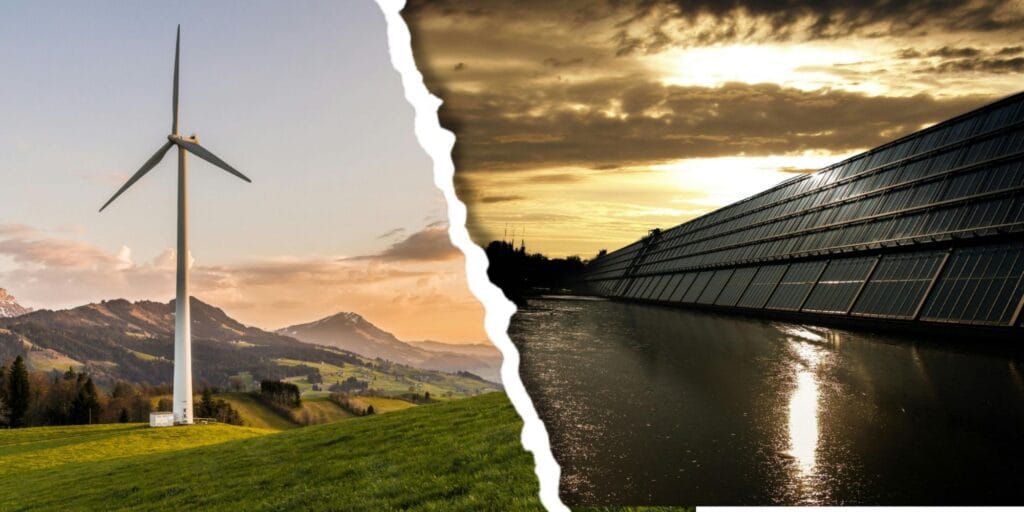 Renewable energy sources such as wind turbines and solar panels showing clean energy transition in sustainability strategy.