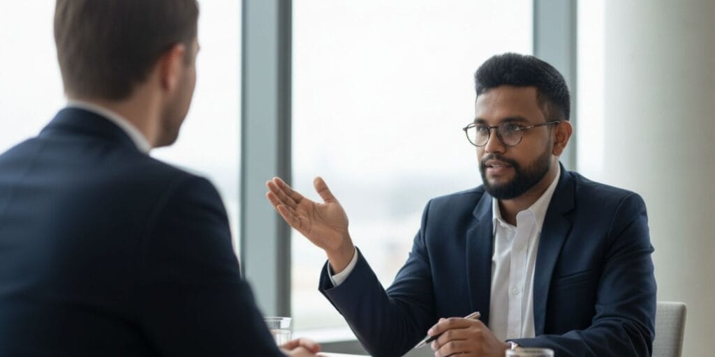 A professional sustainability consultant guiding a company through sustainability strategy planning.